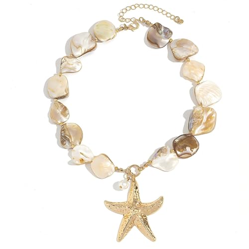 Seashell Starfish Pendent Necklace Cowrie Pearl Mermaid Irregular Chunky Necklace Summer Beach Jewelry for Women