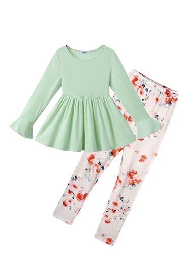Arshiner Girls 2 Piece Clothing Set Floral Ruffle Hem Bell Sleeve Top and Leggings Fall Winter Outfits for 2-10 Years