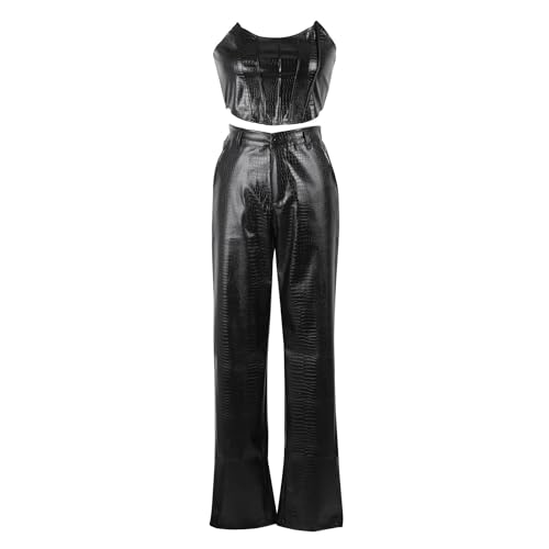 WOKANSE Women's Sexy Chic PU Faux Leather 2 Piece Outfits Tube Crop Tops and Casual Straight Leg Trousers Pants Set3