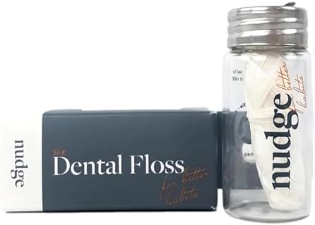 Nudge Pure Silk Dental Floss for Sensitive Gums & Wider Gaps: Made with Silk and Candelilla Wax, Natural Floss in a Reusable Glass Container (Glass Dispenser + 1 x 30m Silk Floss)