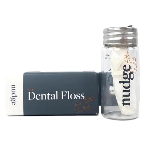 Nudge Pure Silk Dental Floss for Sensitive Gums & Wider Gaps: Made with Silk and Candelilla Wax, Natural Floss in a Reusable Glass Container (Glass Dispenser + 1 x 30m Silk Floss) Cover