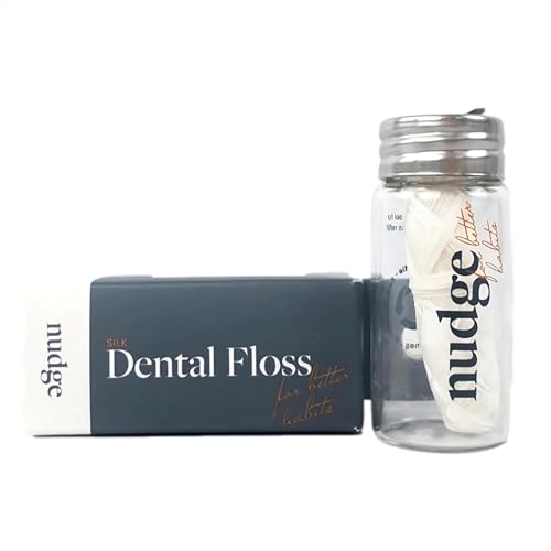 Nudge Pure Silk Dental Floss for Sensitive Gums & Wider Gaps: Made with Silk and Candelilla Wax, Natural Floss in a Reusable Glass Container (Glass Dispenser + 1 x 30m Silk Floss)