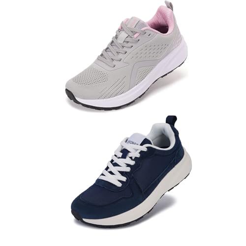 BRONAX Womens Wide Toe Box Shoes Grey Pink and Dark Blue Size 8w