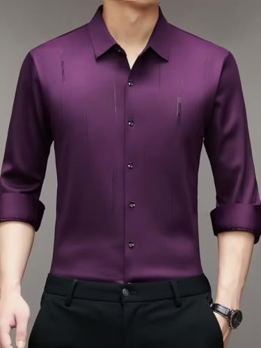 Image of IndoPrimo Men's Regular Fit Satin Designer Shirt with Stylish Vertical Line Sequence | Long Sleeve Formal & Casual Button Down Shirt for Casual and Party Look