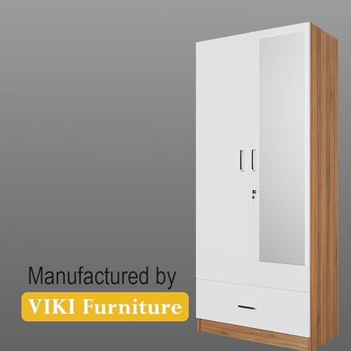 Image of VIKI Wardrobe |Wooden Almirah for 2 Door Wardrobe with 1 Drawer & Hanging Space with Mirror (Walnut |White - 40D x 80W x 180.8H) | 1 Year Warranty | Free Assembly