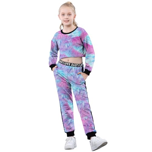 Image of Betusline Little Girls 2 Piece Outfits, Trendy Cute Pullover Crop Tops + Activewear Sweatpants Cropped Sweatshirt Sweatsuit Clothes Set, Purple Tie Dye, 6-7 Years