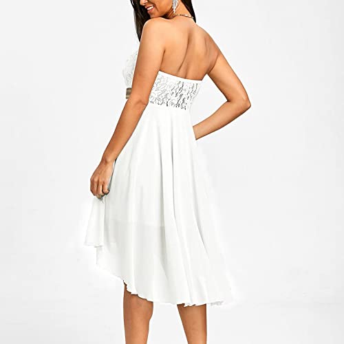 Foviguo Womens Sexy Bohemian Strapless Off Shoulder Lace Trim Dress A Line High Low Flowy Bridesmaid Dresses White, X-Large #TOP4