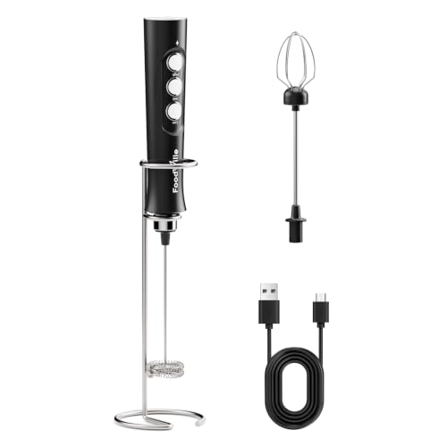 FoodVille MF02 Rechargeable Milk Frother Handheld Foam Maker with Stainless Whisk for Cappuccino Latte Bulletproof Coffee Keto Diet Protein Powder Matcha (Dark Black)