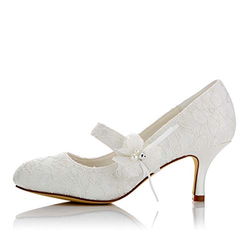 JIAJIA 586449 Women's Bridal Shoes Closed Toe Mid Heel Lace Satin Pumps Satin Flower Imitation Wedding Shoes - Image 3