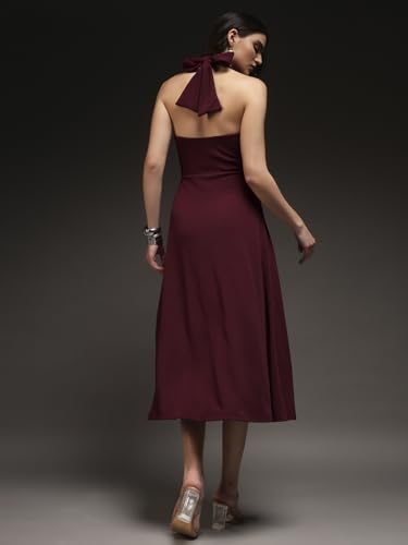 Trend Arrest.ed Women's Fit and Flare Midi Dress | V Neck Tie-Back Halter Style | Stretchable Fabric | Sleeveless Flowy Dress for Brunch, Beach, Vacation & Casual Outings view 3