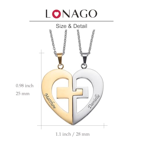 LONAGO Personalized Couple Name Necklace Matching Set Custom Engraved His and Hers Broken 2 Half Piece Heart Pendant Sterling Silver Two-Tone Puzzle Gift for Women4
