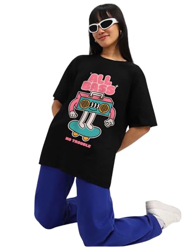Image of JUNEBERRY 100% Pure Cotton Oversized Loose Fit Half Sleeve Cool Front Chest Graphic Printed Round Neck Drop Shoulder T-Shirt for Women S to 2XL