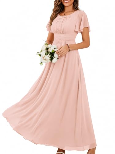 Image of Ever-Pretty Women's Spring Elegant Round Neck Short Sleeve Chiffon Empire Waist Floor Length Formal Dresses Bridesmaid Dress