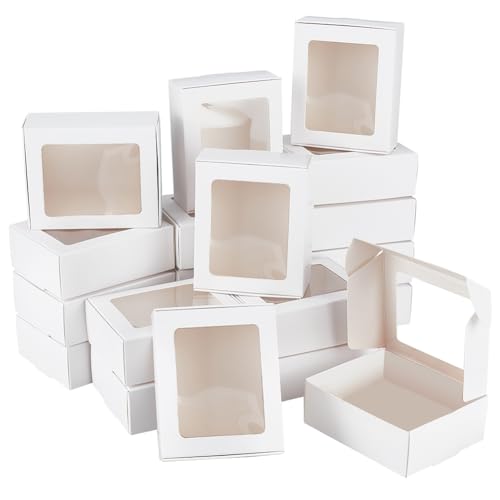 BENECREAT 24 Pack White Kraft Paper Boxes with Clear Window, 7.9x10x3.5cm Present Packaging Box for Anniversaries, Birthdays, Weddings, Graduation