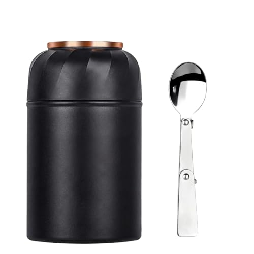 Image of Insulated Lunch Box 500ml Stainless Steel | Thermal Food Flask & Food Jar with Folding Spoon | Leakproof Tiffin Box for Office, School, Travel | Hot & Cold Food Container (Black With Golden Handle)