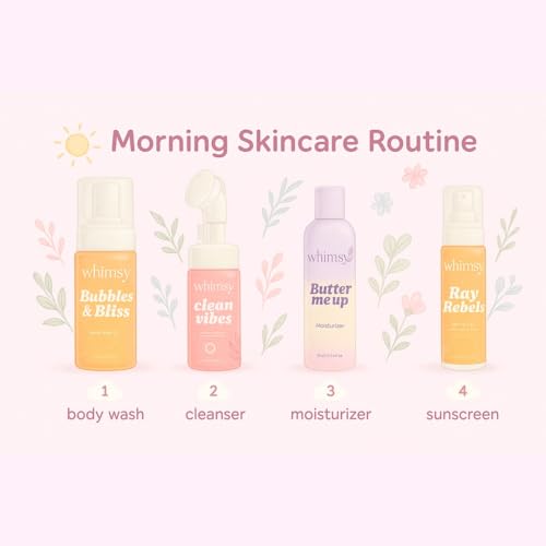 Image of Whimsy Beauty Glow Up Body Care Set (Pack of 4) | Foaming Body Wash, Face Wash, Moisturizer & SPF 50 Sunscreen Spray | Gentle Skincare with Aloe Vera, Shea Butter & Vitamin E | 4 to 16 Years | Organic, Natural Formula | Sulfate & Paraben Free | Dermatologist Tested