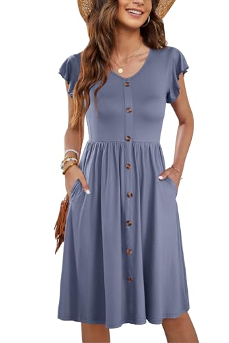 WNEEDU Women Summer Dresses Sleeveless Casual Loose Swing Button Down Midi Dress with Pockets