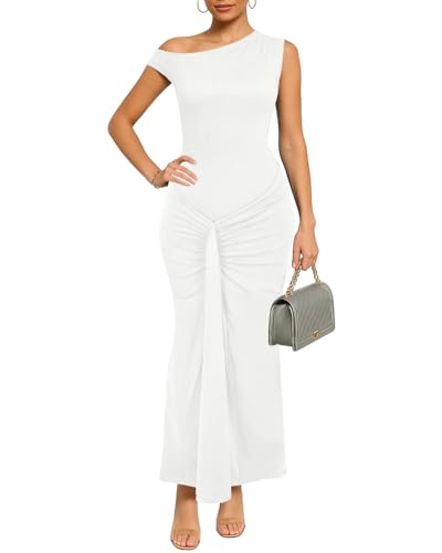 HWP Women Summer Bodycon Maxi Dress Sleeveless Boat Neck Ruched Casual Long Cocktail Dress White S