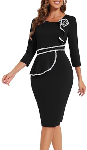 Image of Funeral Church Dresses for Women Formal Long Sleeve Wrap Business Work Dress Vintage Ruched Midi Pencil Dress