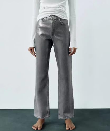 Women Metallic Baggy Stretch High Waisted Straight Wide Leg Boyfriend Denim Jeans3