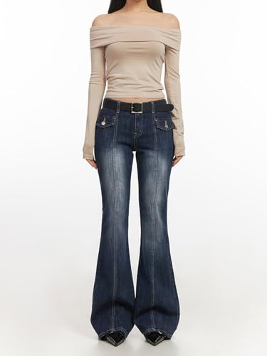 EMMIOL Women Baggy Bell Bottom Jeans Y2K, Trendy Flare Jeans Mid-Low Rise, Bootcut Flared Wide Leg Stretchy Loose Denim Pants2