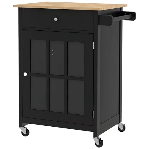 HOMCOM Carrello da Cucina con Cassetto, Ripiano Regolabile, 4 Ruote e Portasciugamani Laterale, Carrello Cucina con Piano in Legno di Gomma, per Soggiorno e Cucina, 67x48x86.5 cm, Nero e Rovere