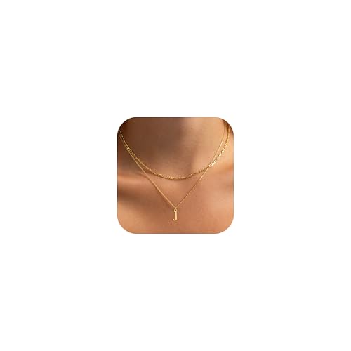 GRCLD Initial Necklaces for Women Dainty 14K Gold Plated Layered Letter Pendant Necklace Cute Figaro Chain Choker Necklace Personalized Trendy Stuff Jewelry Stack Gift for Women Her(J)