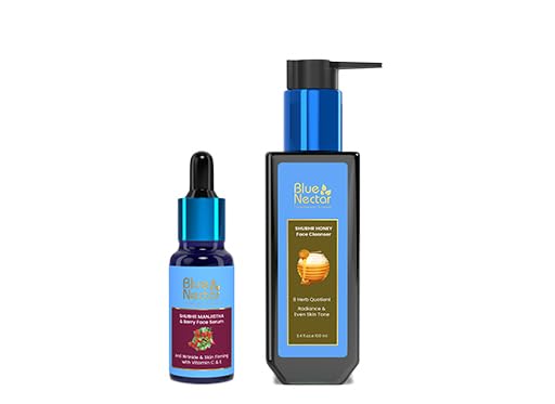 Blue Nectar Manjistha Vitamin C Face Serum for Anti Wrinkle & Skin Firming (1FlOz) Honey Aloevera Detan face Cleanser(3.38 Fl Oz)