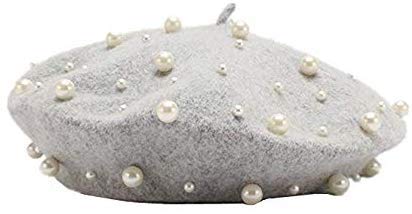 2021 Vintage Pearl Wool Beret Hat Lady Fashion Artist Hat (Grey)