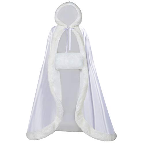 Wedding Cape Women Hooded Cloak for Bride Winter Reversible with Fur Trim Free Hand Muff Full Length