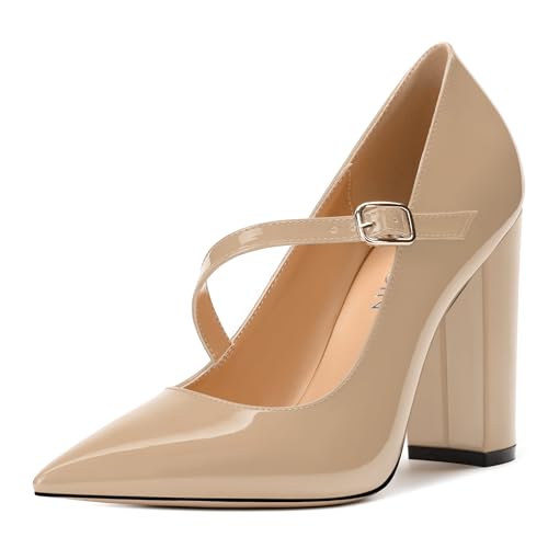 Women's Pumps - Mary Jane Shoes Women, Chunky Heel Pointed Closed Toe High Heels Shoes for Women