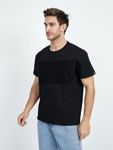 Men’s Customizable Black T-Shirt with Patches Area, Regular Fit, Boat Neck, Soft Cotton-Lycra Blend for Personalization