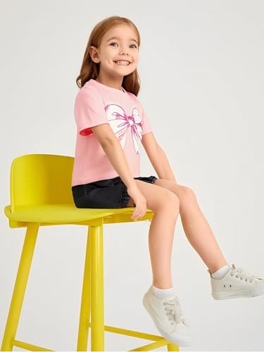 Image of Azmxynol Kid Girls Clothes Outfits Bowknot T-Shirt + 2 In 1 Denim Short Skort Summer Clothing Set, Size 4-10 Years