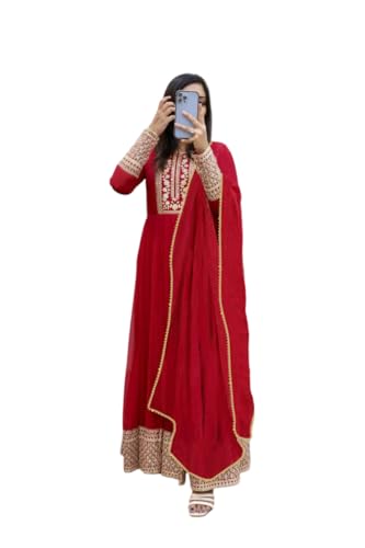 Image of KEDARFAB Women's Georgette Sequence Embroidered Anarkali Kurta Set with Dupatta | Gown Dress for Women (L-Red Kismat Gown)