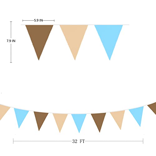 Image of 32Ft Brown Blue Party Decorations Brown Blue Pennant Banner Fabric Triangle Flag Bunting Garland Streamers for Teddy Bear Safari Wild Baby Shower Gender Reveal Birthday Theme Party Decor
