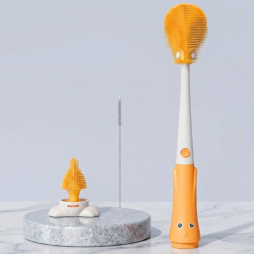 Image of TONY STARK Baby 3-in-1 Silicone Bottle Cleaning Brush Set | 360 Rotatable Handle, BPA-Free Soft Bristles for Cleaning Bottles, Nipples & Pacifiers Safely (Yellow)