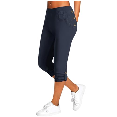 ORANDESIGNE Leggings Capri 3/4 da Donna con Inserto in Pizzo Pantaloni Cropped Tutti Leggings al Ginocchio A Blu Scuro XS