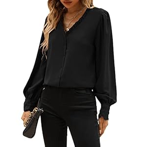 GORGLITTER Damesblouse, pofmouwen, bovenstuk, V-hals, blouse, shirt met lange mouwen en ruches
