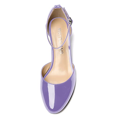 WAYDERNS Women's Round Toe Cut Out Buckle Ankle Strap Patent Wedge Low Heel Pumps Shoes 2 Inch3