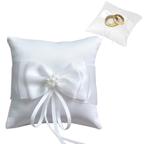 DOKRIN Cojines para anillos,Almohada para anillos de boda con doble nudo de flor y cuentas de 10 cm