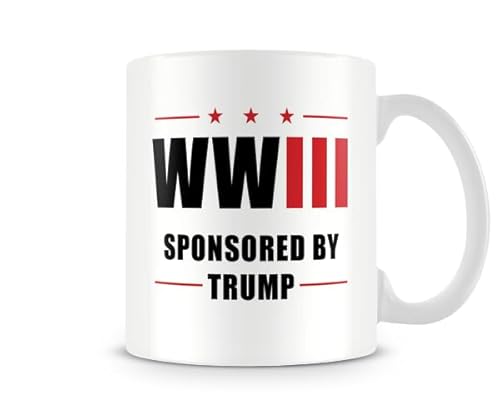 Behind The Glass - WWIII Sponsored by Trump Mug | Funny Political Satire Mug | Novelty Coffee Cup | Mug for Home or Office, Ceramic, 11fl.oz.