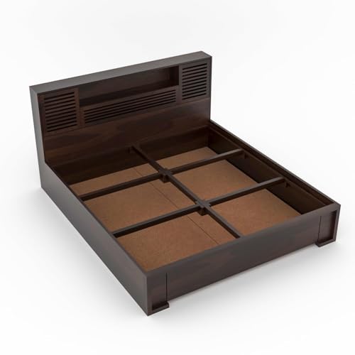 Image of Solid Wood Bed with Storage | Modern Wooden Bed with Slatted Headboard | Strong & Durable Bed Frame for Bedroom Home & Hotel (Walnut Finish, Queen)