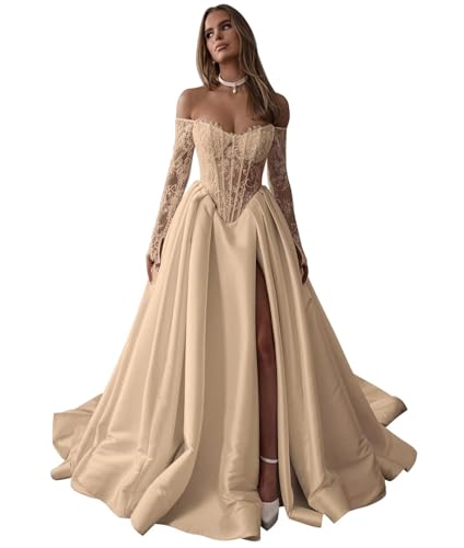 Zeeyecie Off The Shoulder Long Sleeve Satin Wedding Dresses A-Line Beaded Lace Applique Sparkly Bridal Gowns for Brides