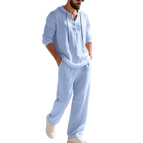 hmbudp All White Outfits for Men Casual Linen Sets 2 Piece Outfits Casual Short Sleeve Shirts and Pants Summer Beach Outfits