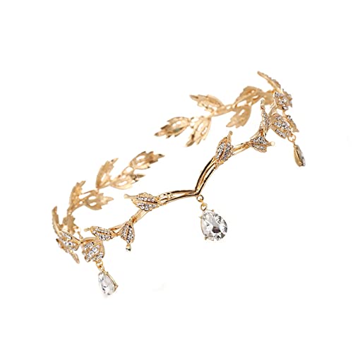 Göttin-Tiara, Elfen-Prinzessin-Tiara, Kristall-Strass-Hochzeits-Kopfband Kristallperlen-Stirn-Kopfschmuck für Braut-Brautjungfern-Mädchen (16.5LX4H CM) (2-Gold)