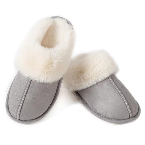 LZSYC Women Winter Fuzzy House Slippers Plush Faux Fur Fluffy Flats Slippers Warm Slide Shoes,Gray US11-12