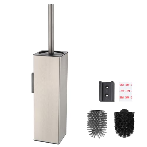 BVL Escobilla de baño de montaje en pared, cepillada, soporte para escobilla de inodoro sin taladrar, metal, incluye 2 cabezales de cepillo, escobilla de silicona para inodoro, cepillo cuadrado