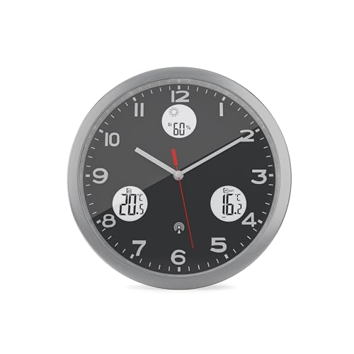 Mebus 13151 Horloge Murale Radio-pilotée avec Cadran Noir et Affichage de la température intérieure et extérieure avec émetteur extérieur et humidité