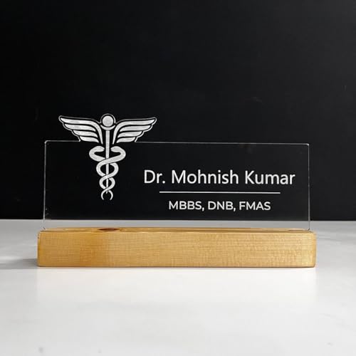 Image of Wood, Acrylic Customized LED Name Plate for Office Desk Table Name Signage Birthday Gift For Doctor Medical Professionals Surgeon Pediatrician Pharmacist Size (10 x 6 inch) (For Doctor), Clear