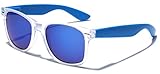 Colorful Retro Fashion Sunglasses - Translucent Clear Matte Frame - Color Mirrored Lenses - Clear & Blue